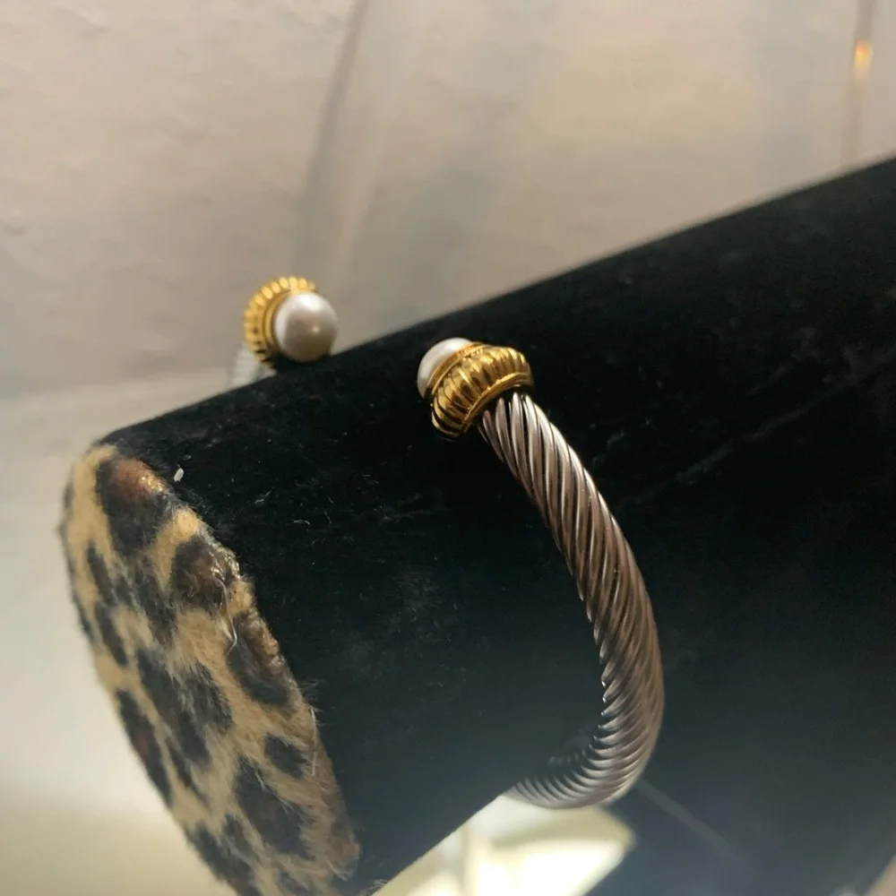Gold & Silver Pearl-Accent Open Cuff Bracelet